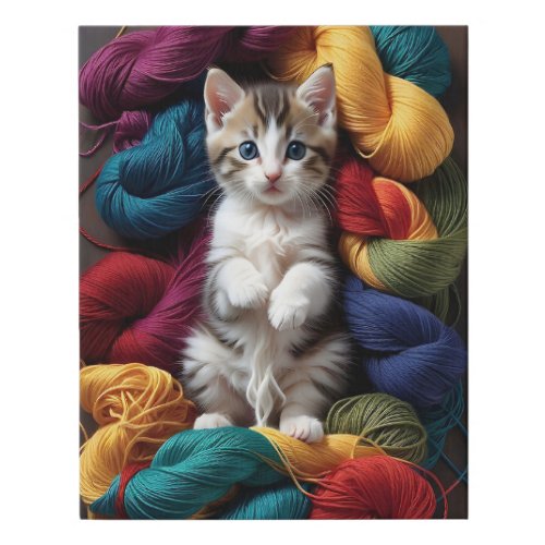 Cute Gray Tabby Cat Playing with Rolls of Yarn  Faux Canvas Print