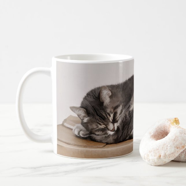 Cute Gray Tabby Cat Sleeping On Box Coffee Mug (With Donut)