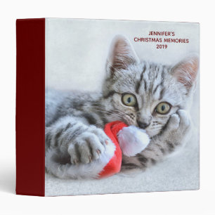 Cute Gray Tabby Cat w/ Christmas Hat Xmas 3 Ring Binder