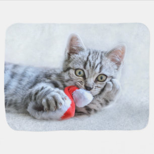 Cute Gray Tabby Cat w/ Christmas Hat Xmas Baby Blanket