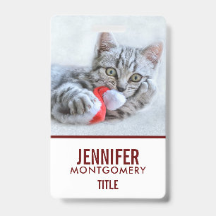 Cute Gray Tabby Cat w/ Christmas Hat Xmas Badge