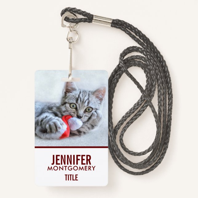 Cute Gray Tabby Cat w/ Christmas Hat Xmas Badge (Front with Lanyard)