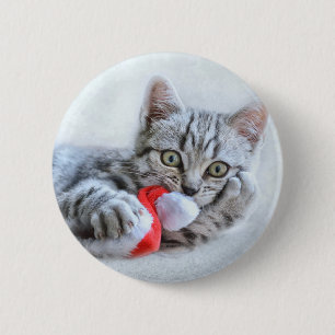 Cute Gray Tabby Cat w/ Christmas Hat Xmas Button