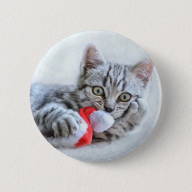 Cute Gray Tabby Cat w/ Christmas Hat Xmas Button (Front)
