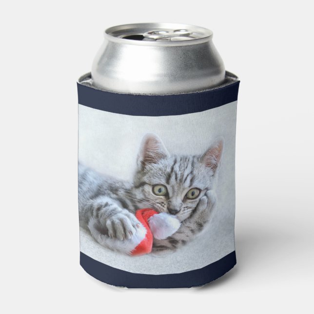 Cute Gray Tabby Cat w/ Christmas Hat Xmas Can Cooler (Can Front)