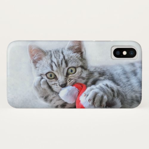 Cute Gray Tabby Cat w Christmas Hat Xmas iPhone X Case