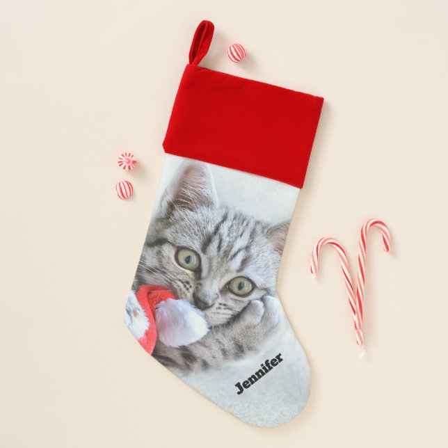 Cute Gray Tabby Cat w/ Christmas Hat Xmas Christmas Stocking (Front)