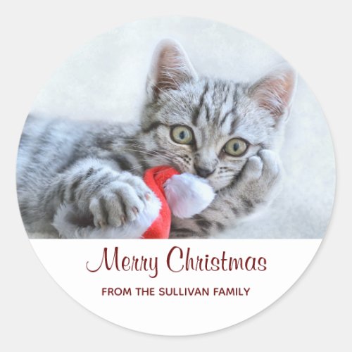Cute Gray Tabby Cat w Christmas Hat Xmas Classic Round Sticker