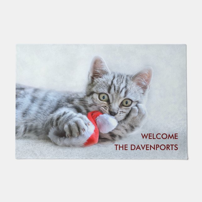 Cute Gray Tabby Cat w/ Christmas Hat Xmas Doormat (Front)