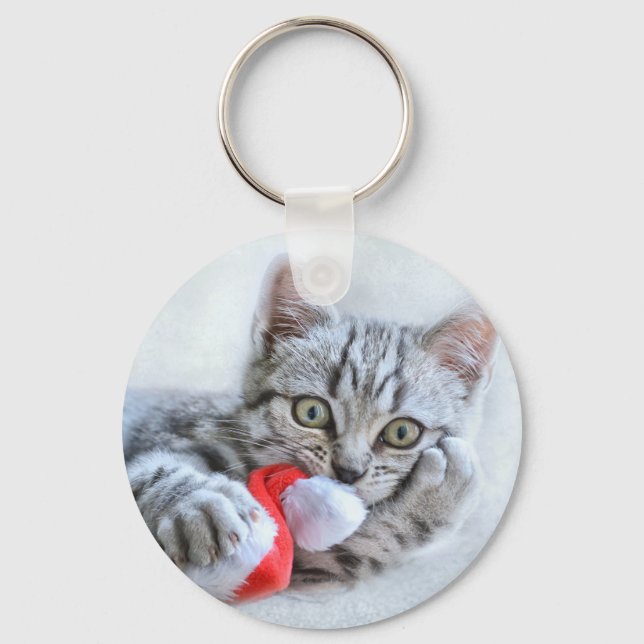 Cute Gray Tabby Cat w/ Christmas Hat Xmas Keychain (Front)