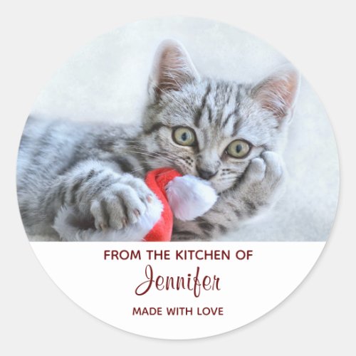 Cute Gray Tabby Cat w Christmas Hat Xmas Kitchen Classic Round Sticker