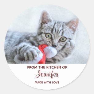 Cute Gray Tabby Cat w/ Christmas Hat Xmas Kitchen Classic Round Sticker