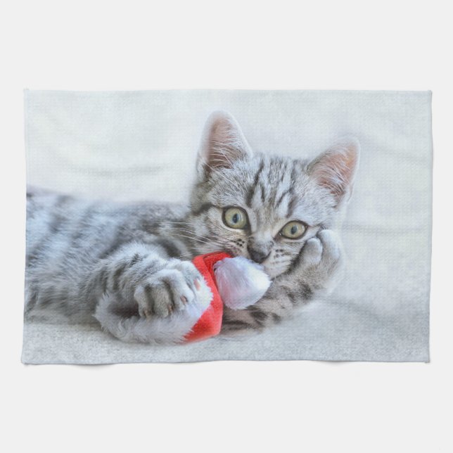 Cute Gray Tabby Cat w/ Christmas Hat Xmas Kitchen Towel (Horizontal)