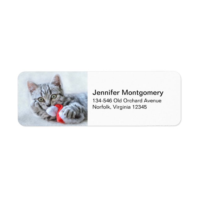 Cute Gray Tabby Cat w/ Christmas Hat Xmas Label (Front)