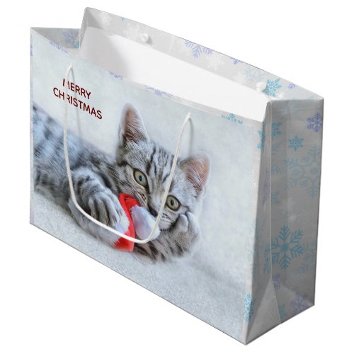 Cute Gray Tabby Cat w Christmas Hat Xmas Large Gift Bag