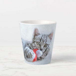 Cute Gray Tabby Cat w/ Christmas Hat Xmas Latte Mug