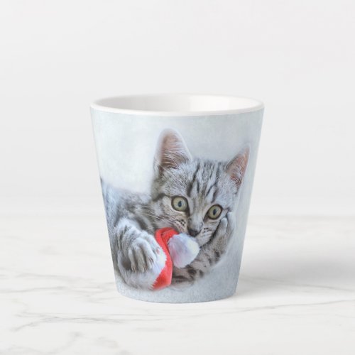 Cute Gray Tabby Cat w Christmas Hat Xmas Latte Mug