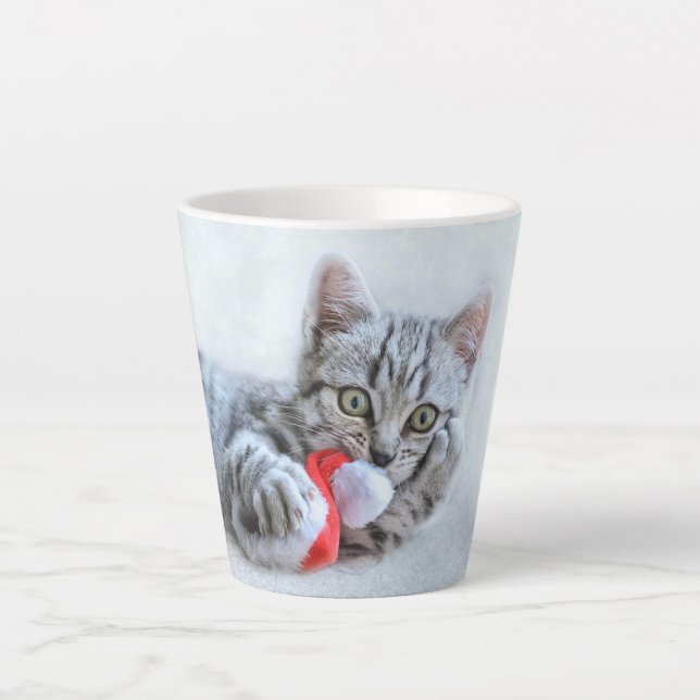 Cute Gray Tabby Cat w/ Christmas Hat Xmas Latte Mug (Front)
