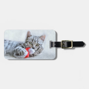 Cute Gray Tabby Cat w/ Christmas Hat Xmas Luggage Tag