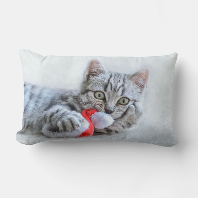 Cute Gray Tabby Cat w/ Christmas Hat Xmas Lumbar Pillow (Front)