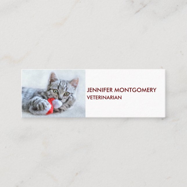 Cute Gray Tabby Cat w/ Christmas Hat Xmas Mini Business Card (Front)