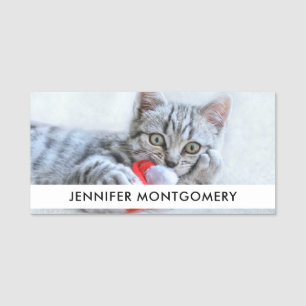 Cute Gray Tabby Cat w/ Christmas Hat Xmas Name Tag