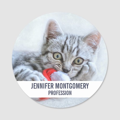 Cute Gray Tabby Cat w Christmas Hat Xmas Name Tag