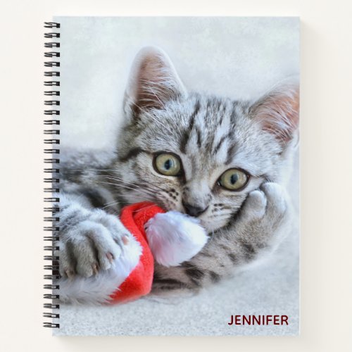 Cute Gray Tabby Cat w Christmas Hat Xmas Notebook