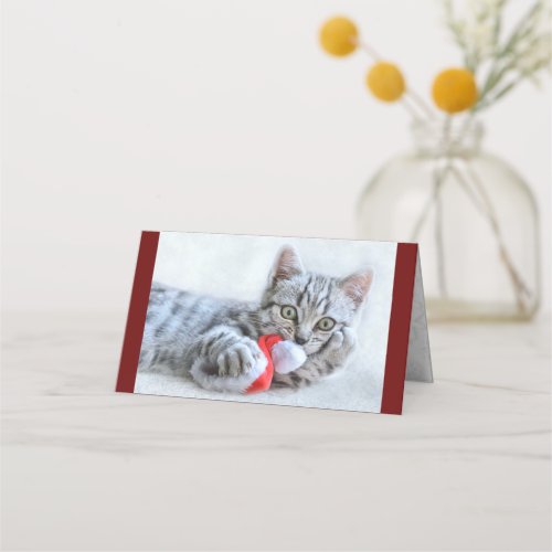 Cute Gray Tabby Cat w Christmas Hat Xmas Place Card