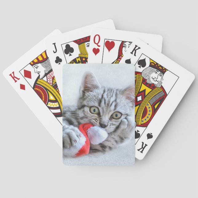 Cute Gray Tabby Cat w/ Christmas Hat Xmas Poker Cards (Back)