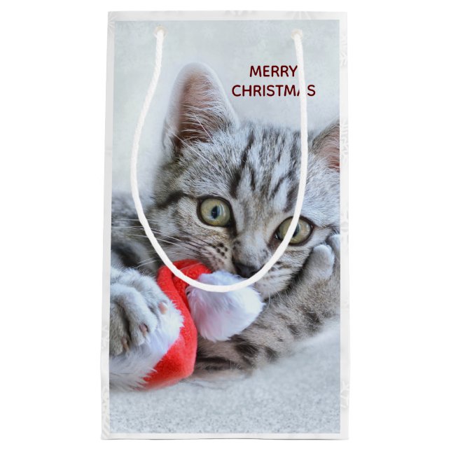 Cute Gray Tabby Cat w/ Christmas Hat Xmas Small Gift Bag (Front)