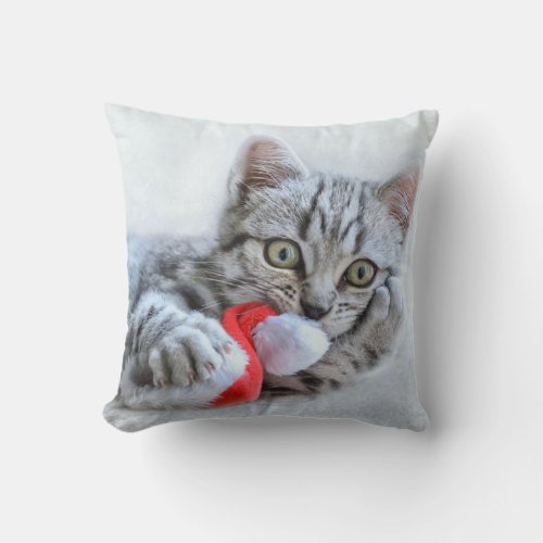 Cute Gray Tabby Cat w Christmas Hat Xmas Throw Pillow