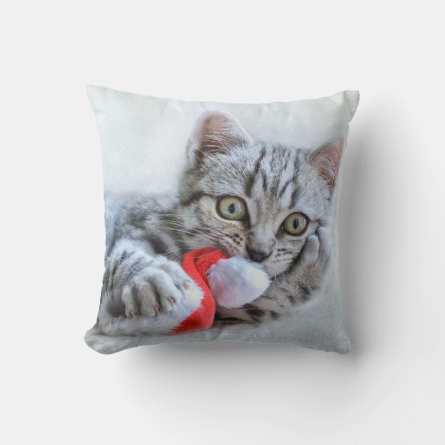Cute Gray Tabby Cat w/ Christmas Hat Xmas Throw Pillow (Front)