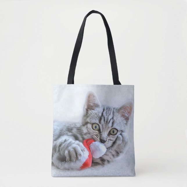 Cute Gray Tabby Cat w/ Christmas Hat Xmas Tote Bag (Front)