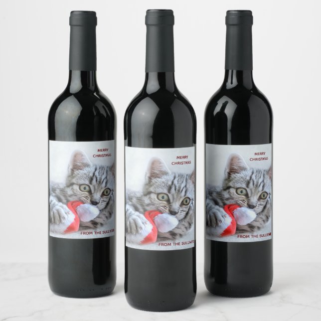 Cute Gray Tabby Cat w/ Christmas Hat Xmas Wine Label (Bottles)