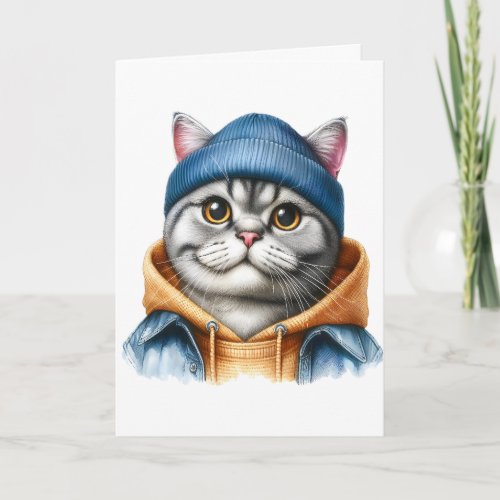 Cute Gray Tabby Cat Wearing a Hoodie Jacket Hat Card