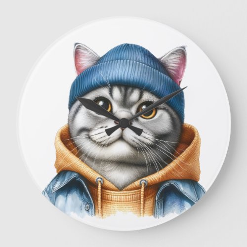 Cute Gray Tabby Cat Wearing a Hoodie Jacket Hat Large Clock