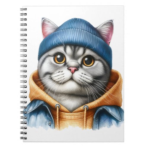 Cute Gray Tabby Cat Wearing a Hoodie Jacket Hat Notebook