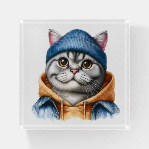 Cute Gray Tabby Cat Wearing a Hoodie Jacket Hat Paperweight