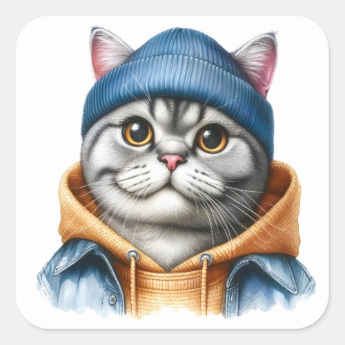 Cute Gray Tabby Cat Wearing a Hoodie Jacket Hat Square Sticker
