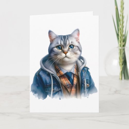 Cute Gray Tabby Cat with Blue Eyes Wearing Hoodie Card