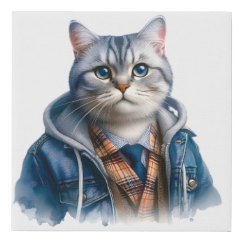Cute Gray Tabby Cat with Blue Eyes Wearing Hoodie Faux Canvas Print