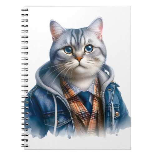 Cute Gray Tabby Cat with Blue Eyes Wearing Hoodie Notebook