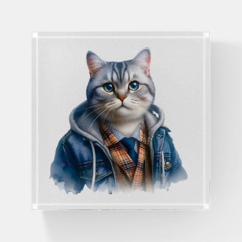 Cute Gray Tabby Cat with Blue Eyes Wearing Hoodie Paperweight