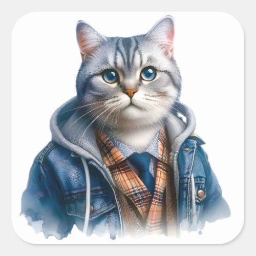 Cute Gray Tabby Cat with Blue Eyes Wearing Hoodie Square Sticker