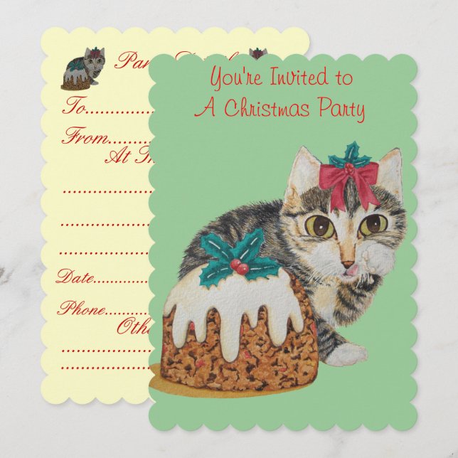 cute gray tabby kitten dressed for christmas invitation (Front/Back)