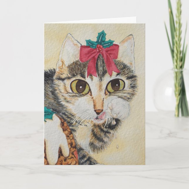 cute gray tabby kitten licking paw christmas cat holiday card (Front)