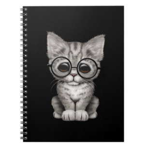Cute Gray Tabby Kitten with Eye Glasses, black Notebook