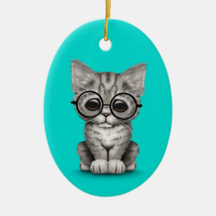 Cute Gray Tabby Kitten with Eye Glasses blue Ceramic Ornament