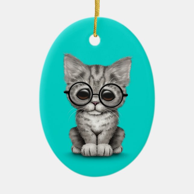 Cute Gray Tabby Kitten with Eye Glasses blue Ceramic Ornament (Front)